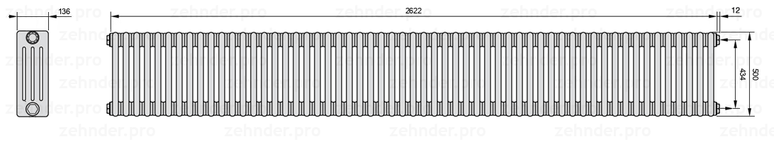 Схема (чертеж) Радиатор Zehnder Charleston 4050/57 №7610 Белый глянцевый RAL 9016